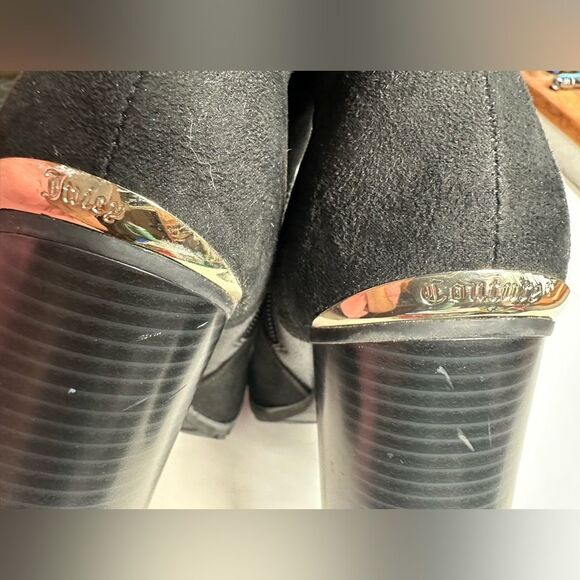 Juicy Couture Black High Heeled Side Zip Booties, Gold Accents Lug Sole, Size 9 - Picture 10 of 15